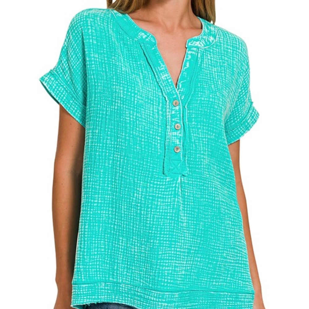 Washed Double Gauze 3/4 Button Henley Neck Shirt
